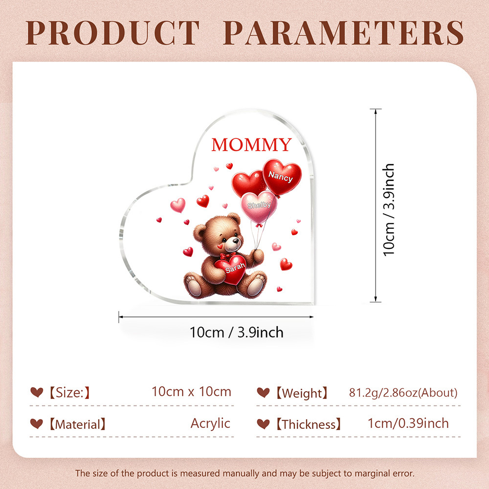 3 Names - Personalised Acrylic Heart Keepsake Custom Text Teddy Bear Balloon Ornaments Gifts for Grandma/Mother-Jessemade AU