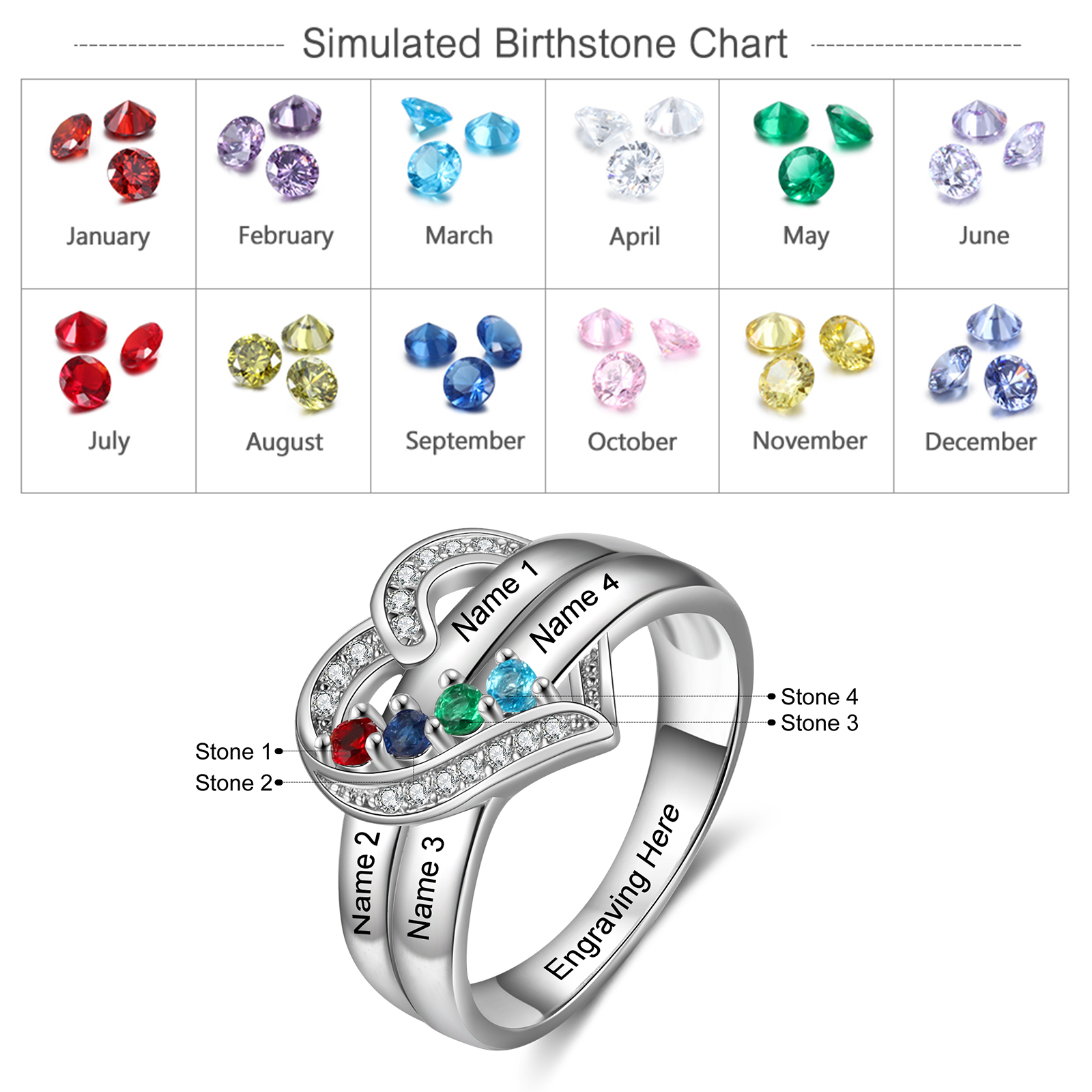 S925 Silver Personalised Mother Ring with 4 Birthstones Heart Family Ring-Jessemade AU