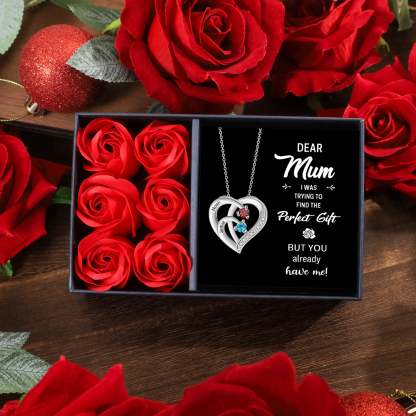 Personalised Mother Necklace 2 Stones Engraved 2 Names Birthstone Intertwined Heart Pendant