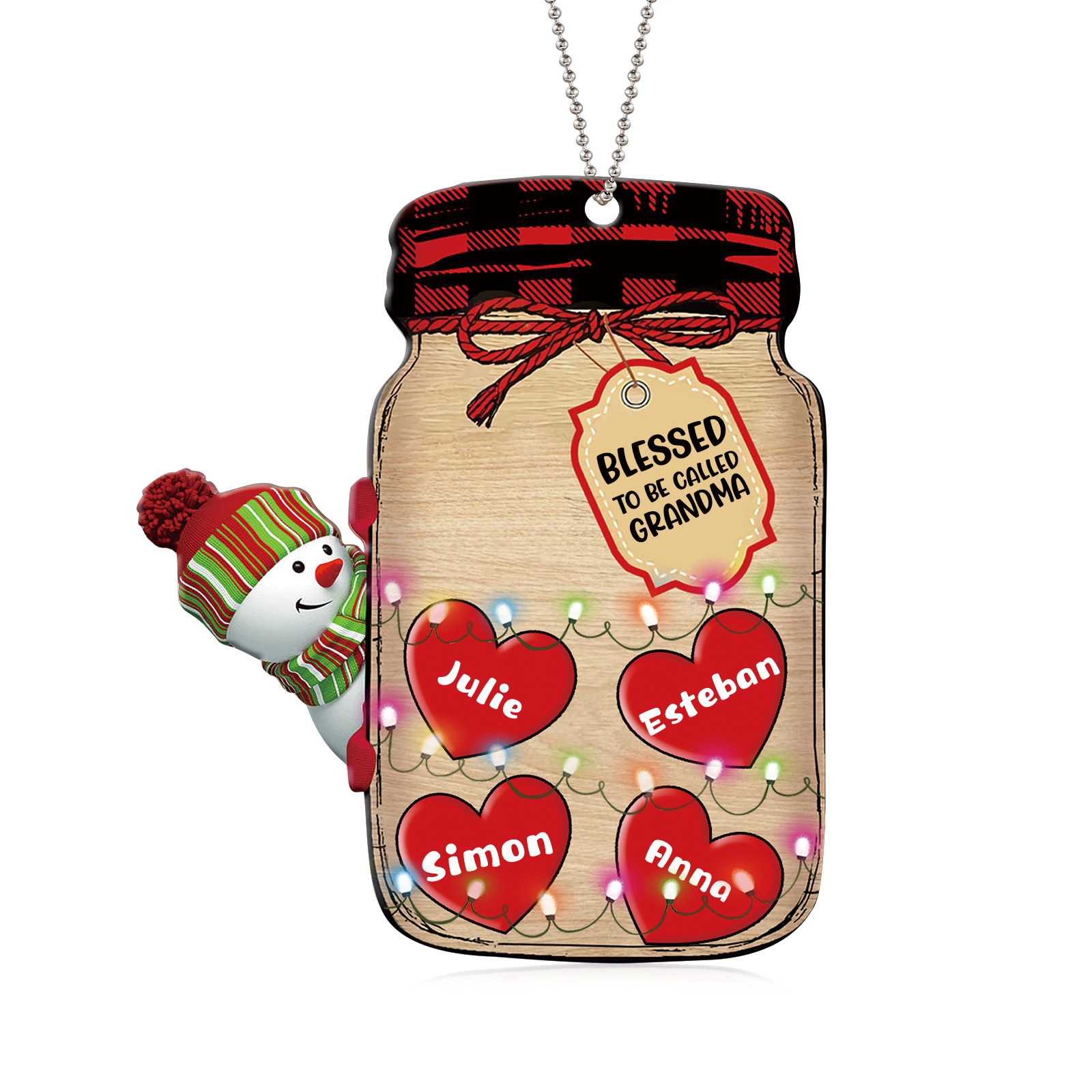 4 Names - Personalised Heart Christmas Ornament Customised Name & Text Acrylic Snowman Hanging Ornaments Jar Gift for Family-Jessemade AU