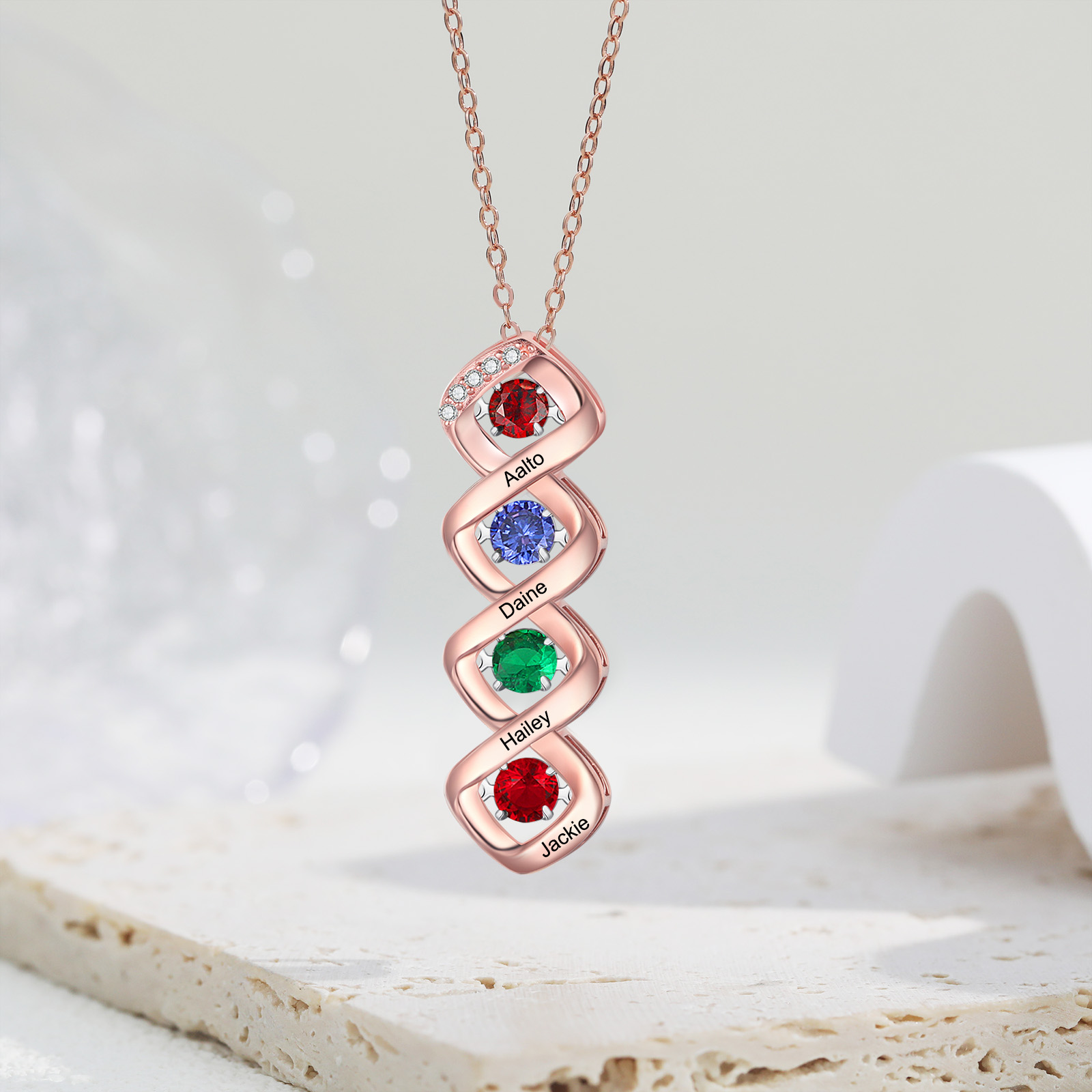 Custom Family Necklace with 4 Birthstones Engraving Names Dancing Stone Necklace-Jessemade AU
