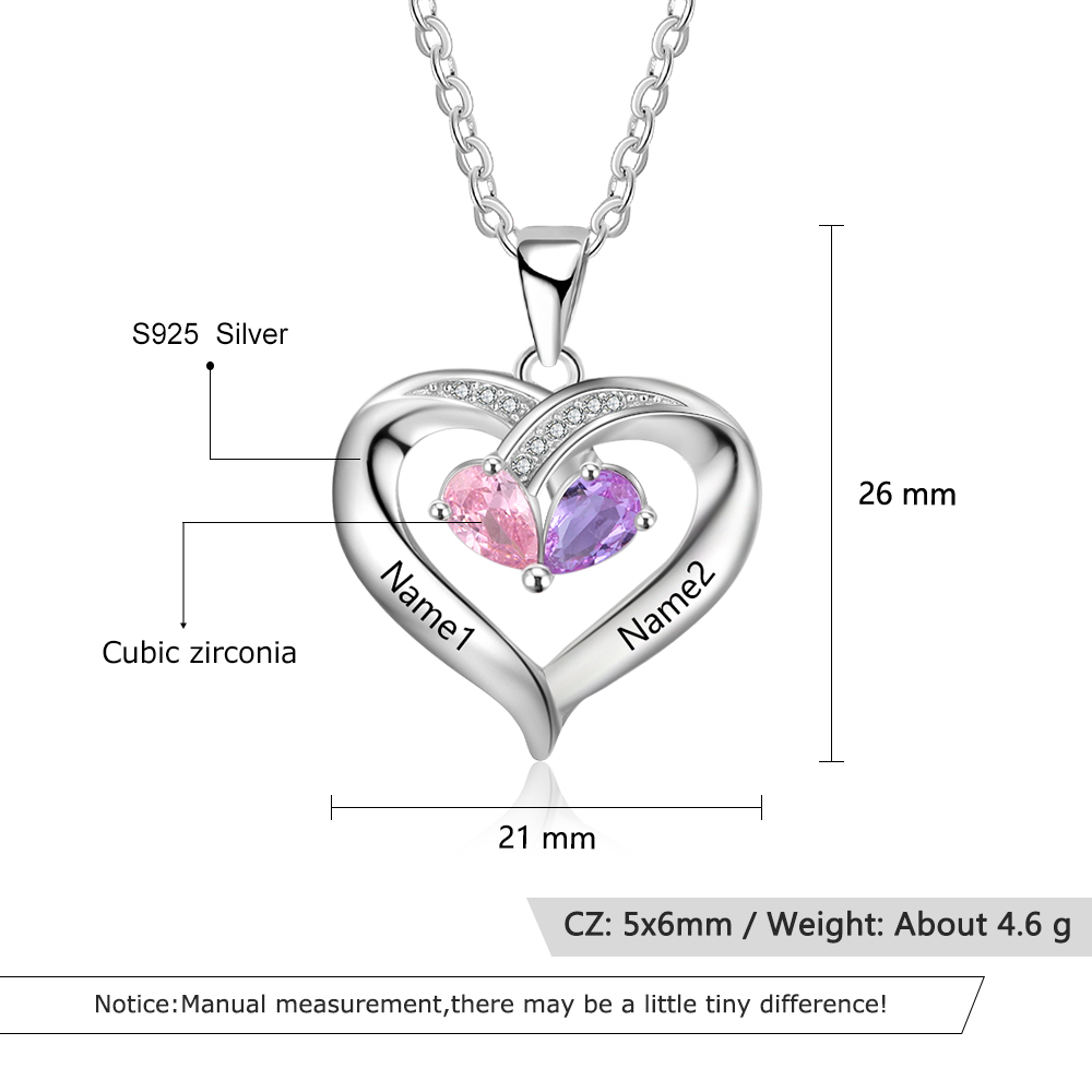 Personalised Heart Mother Necklace With 2 Birthstones Engraved Names Gifts For Her-Jessemade AU