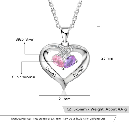 Personalised Heart Mother Necklace With 2 Birthstones Engraved Names Gifts For Her-Jessemade AU