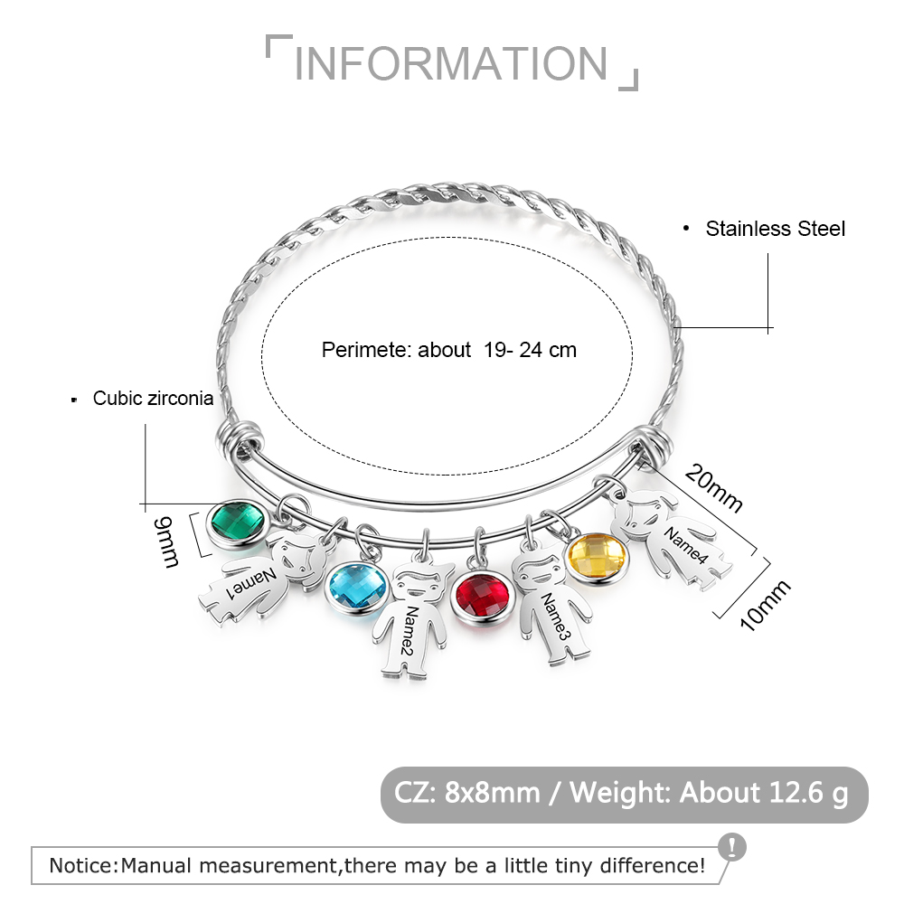 Personalised Kid Charms Bangle Bracelet With Names Customised 4 Birthstones Gift for Her-Jessemade AU