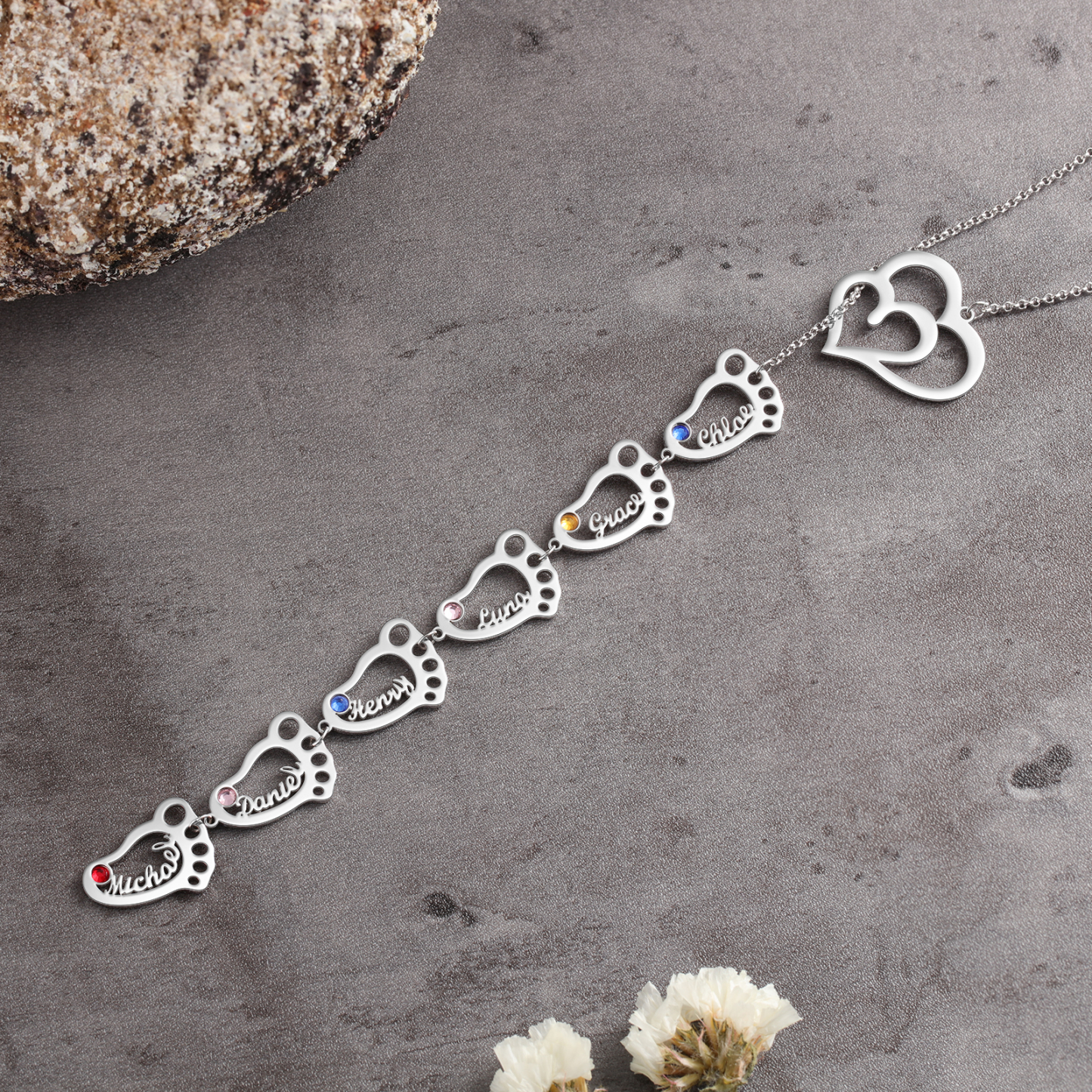 Personalised Baby Foot Necklace With Birthstones Custom 6 Names Necklace Gift For Mother-Jessemade AU