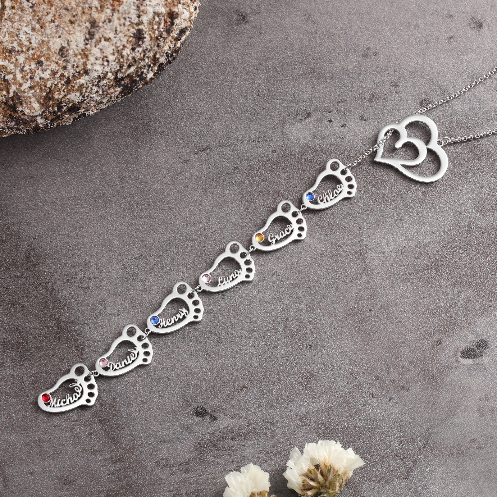 Personalised Baby Foot Necklace With Birthstones Custom 6 Names Necklace Gift For Mother-Jessemade AU