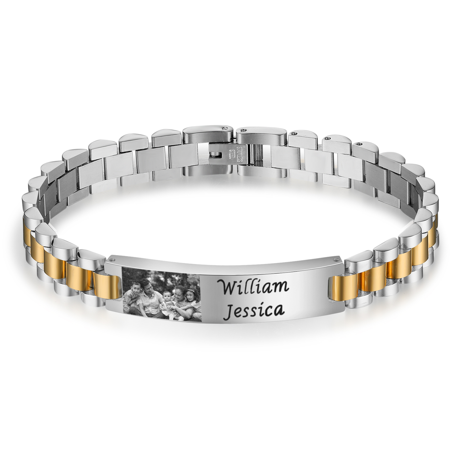 Personalised ID Bar Bracelet Customised with 2 Names & 1 Photo Bracelet Father's Day Gift-Jessemade AU