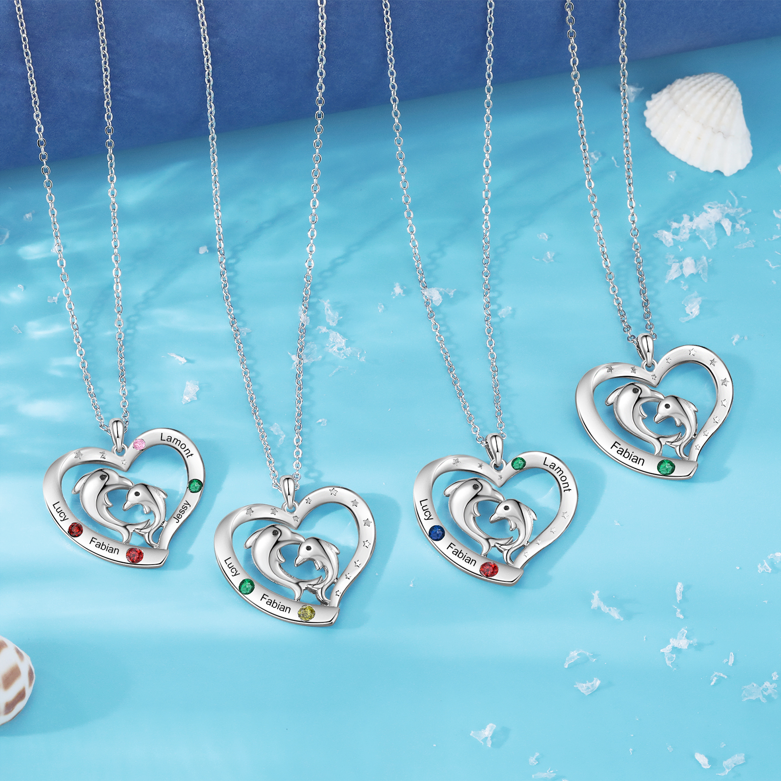 Personalised Heart Dolphin Pendant Necklace Custom 3 Birthstones Engraved 3 Names Necklace Gift for Her-Jessemade AU