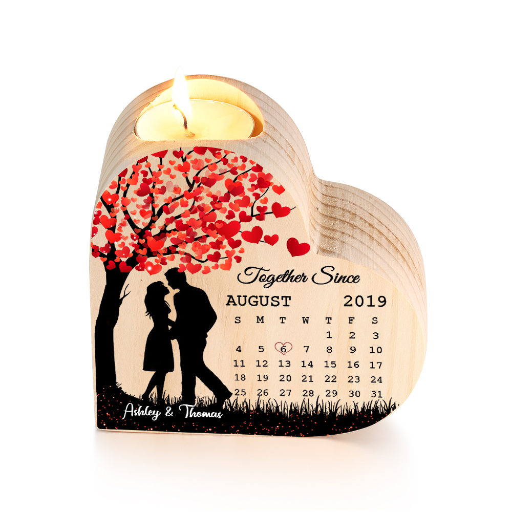 Wooden Couple Candle Holder Custom 2 Names & Date & Text Candlesticks Calendar Valentine's Day Gifts for Couples-Jessemade AU