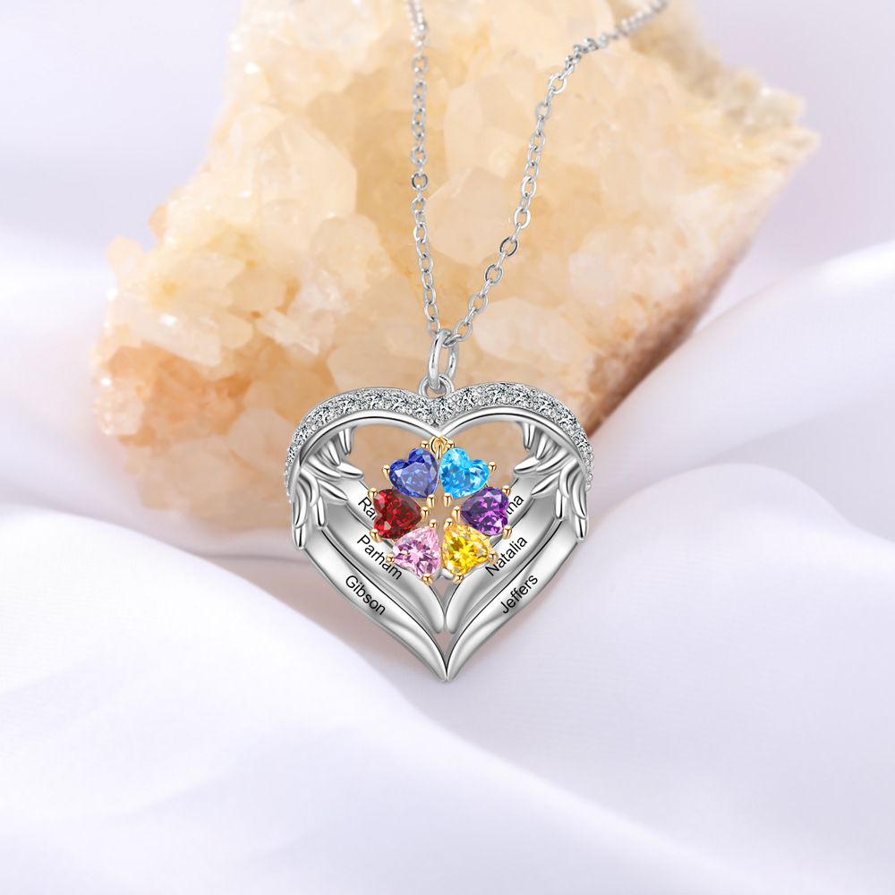 Personalised Wings Necklace With 6 Heart Birthstones Engraved Names Gift For Women-Jessemade AU