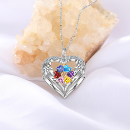Personalised Wings Necklace With 6 Heart Birthstones Engraved Names Gift For Women-Jessemade AU