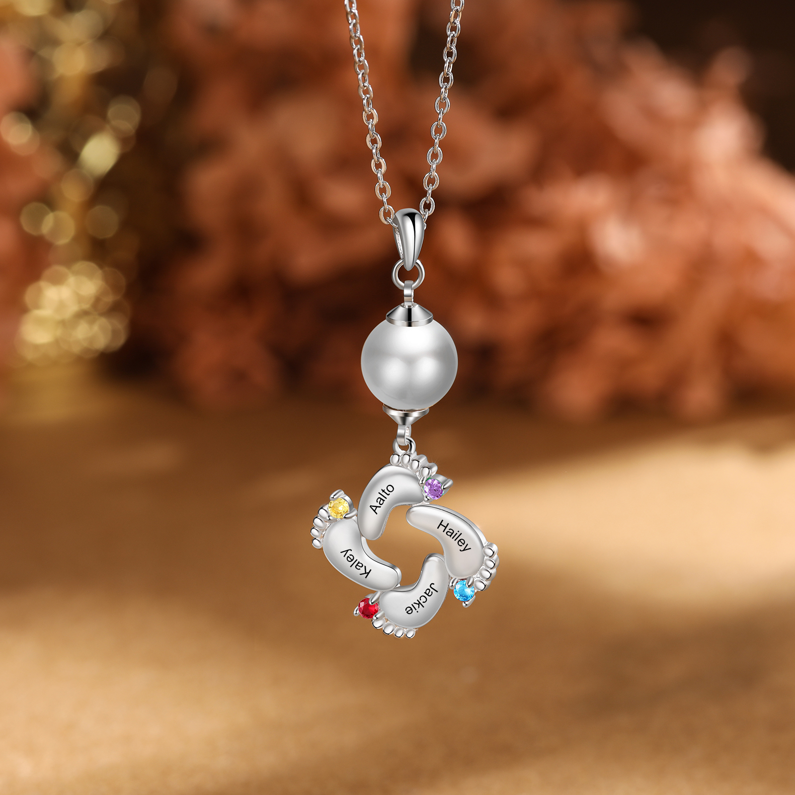 Personalised Baby Feet Pearl Necklace Custom 4 Names & Birthstones Mother Necklace-Jessemade AU