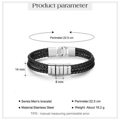 Personalised Braided Leather Bracelet Engraved 3 Names Men's Bracelet Gifts For Him-Jessemade AU