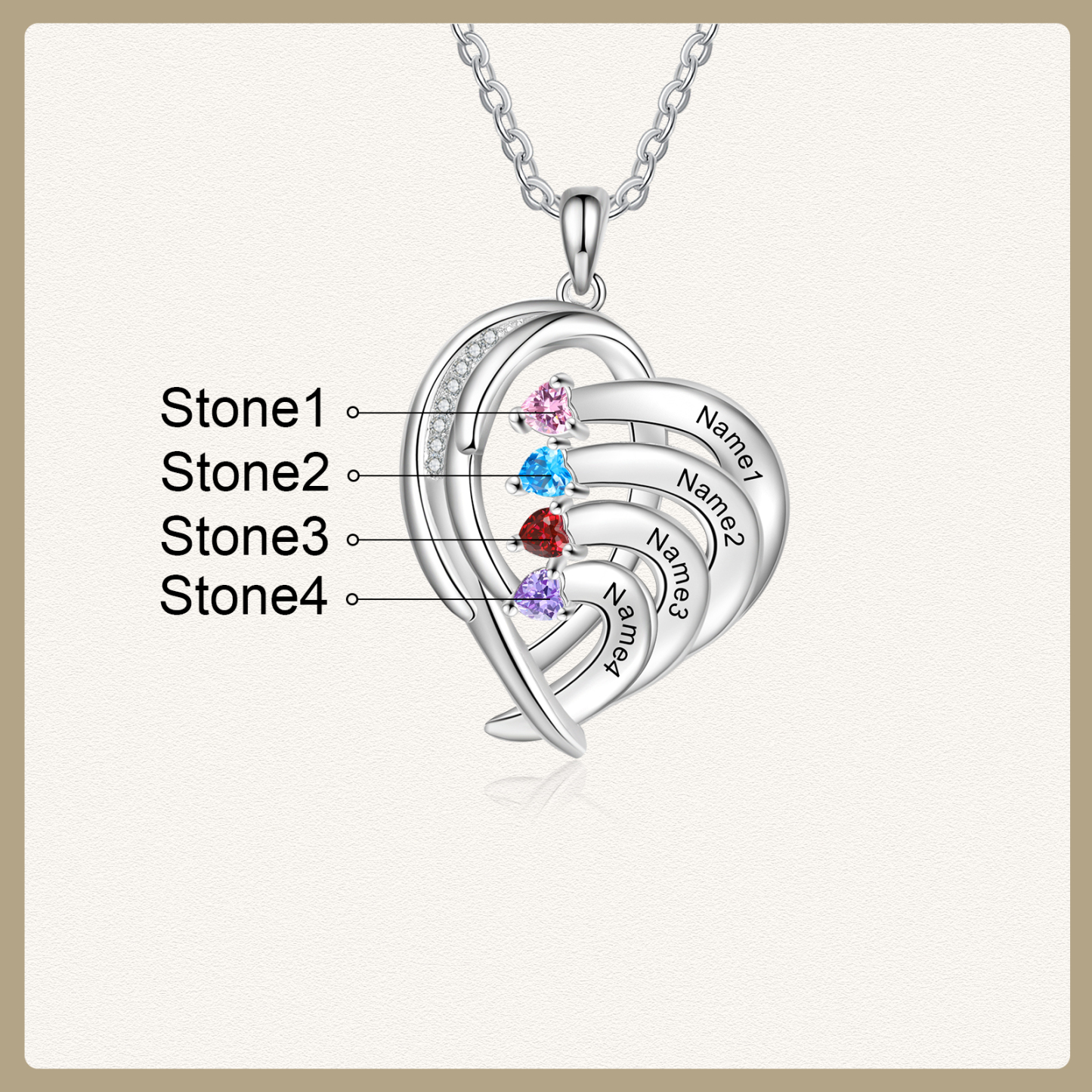 Personalised Heart Wings Necklace With 4 Birthstones Custom Names Necklace Gift For Her-Jessemade AU