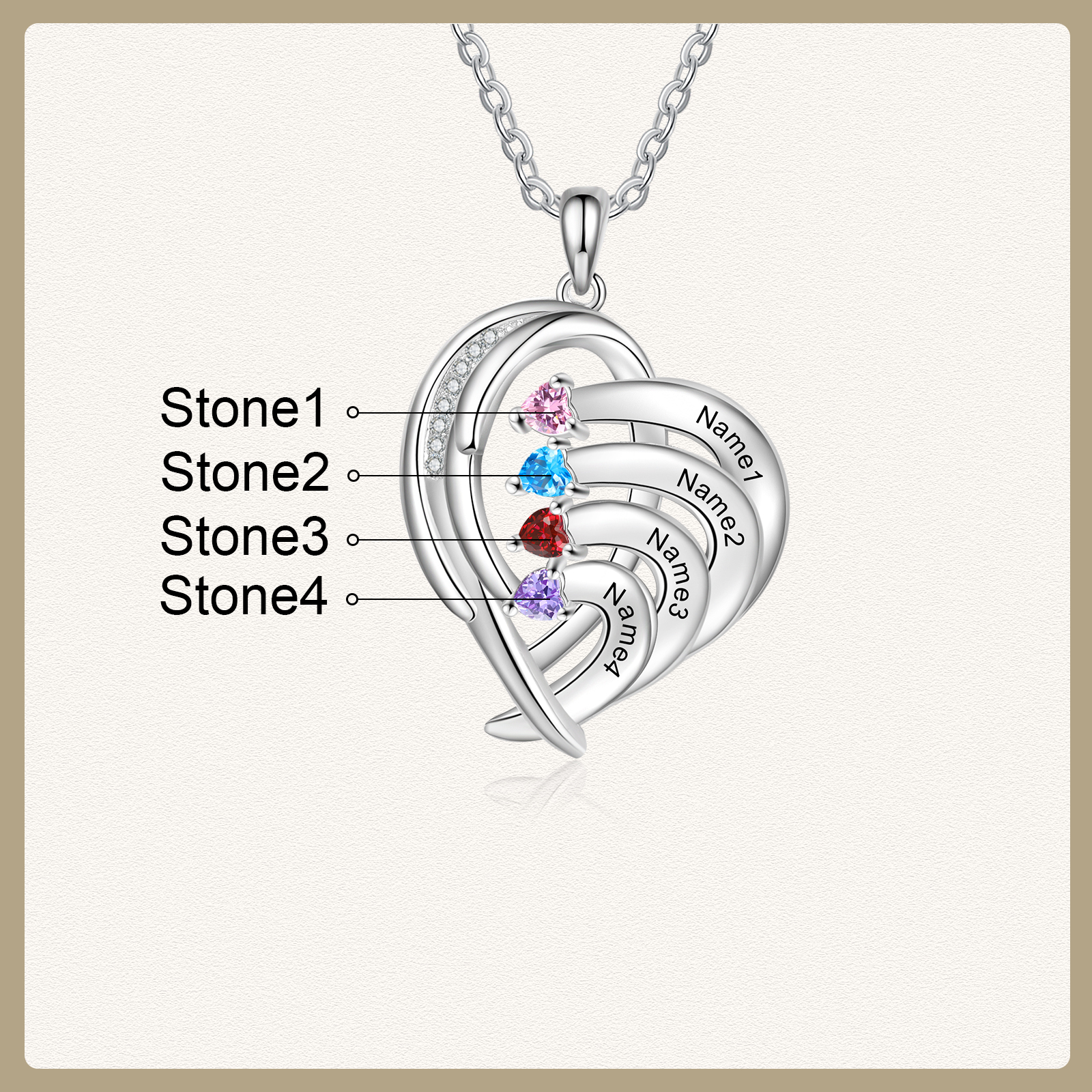 Personalised Heart Wings Necklace With 4 Birthstones Custom Names Necklace Gift For Her-Jessemade AU