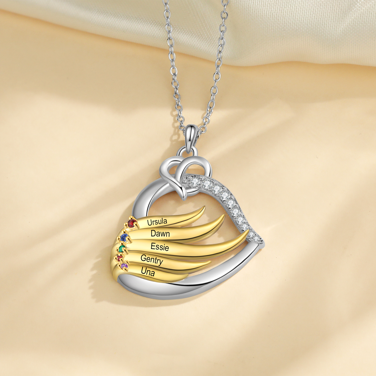 Personalised Golden Intertwined Heart Pendant Necklace Custom 5 Birthstones & 5 Names Necklace Gifts for Her-Jessemade AU