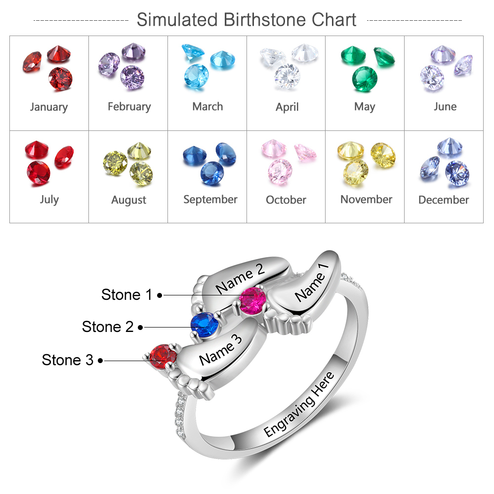 Personalised Baby Foot Ring With 3 Birthstones Engraved Names Ring Gift For Women-Jessemade AU