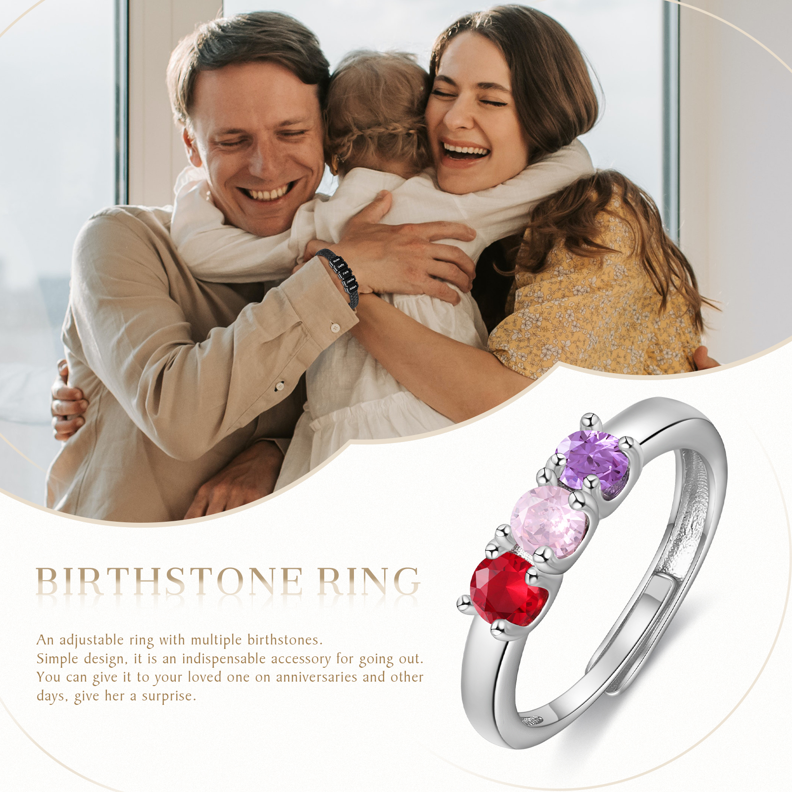 Personalised Women's Ring Customised 3 Birthstones Open Ring Birthday Gift for Women Girls-Jessemade AU