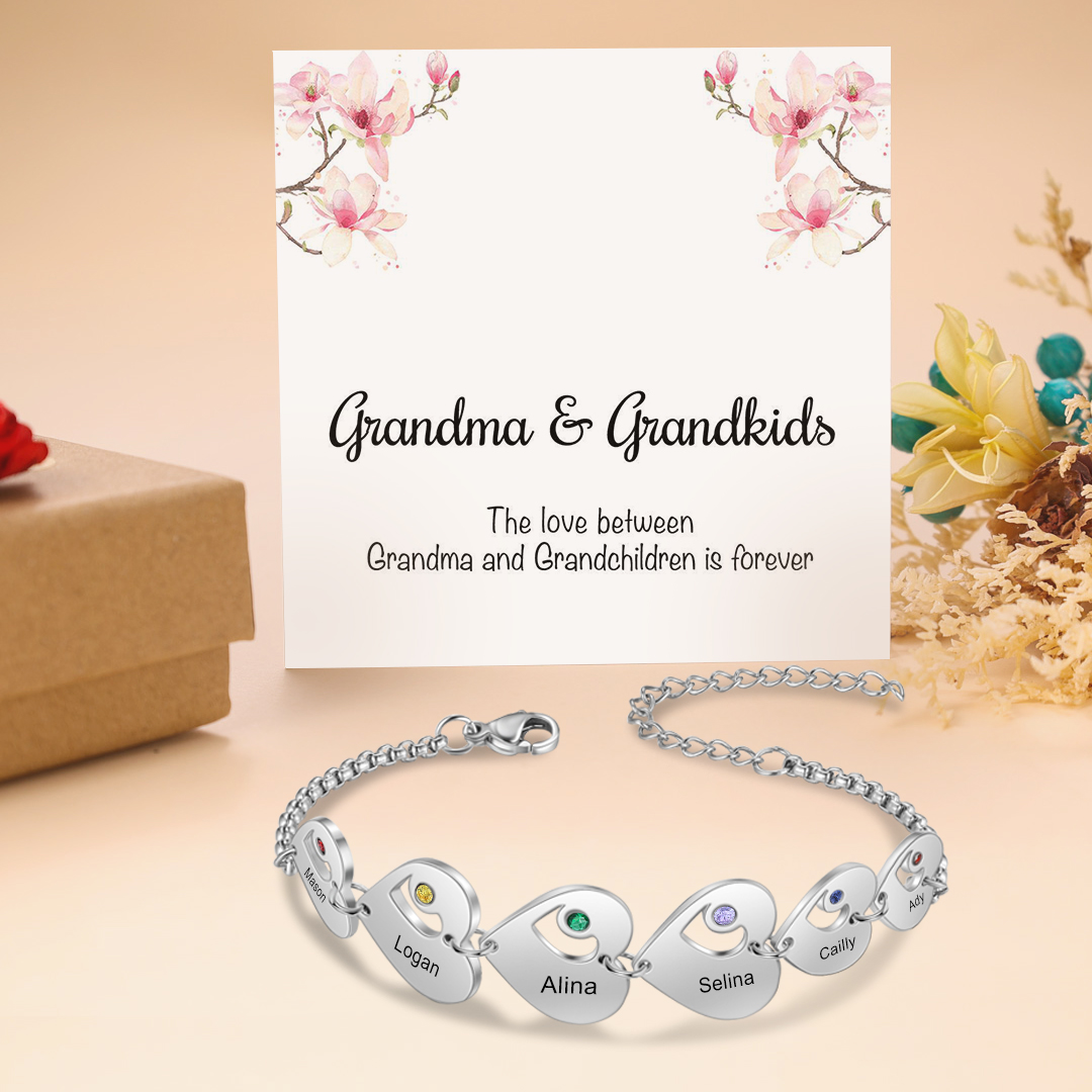 Personalised Heart Bracelet with Birthstones Custom 6 Names Family Bracelet Gifts for Her-Jessemade AU