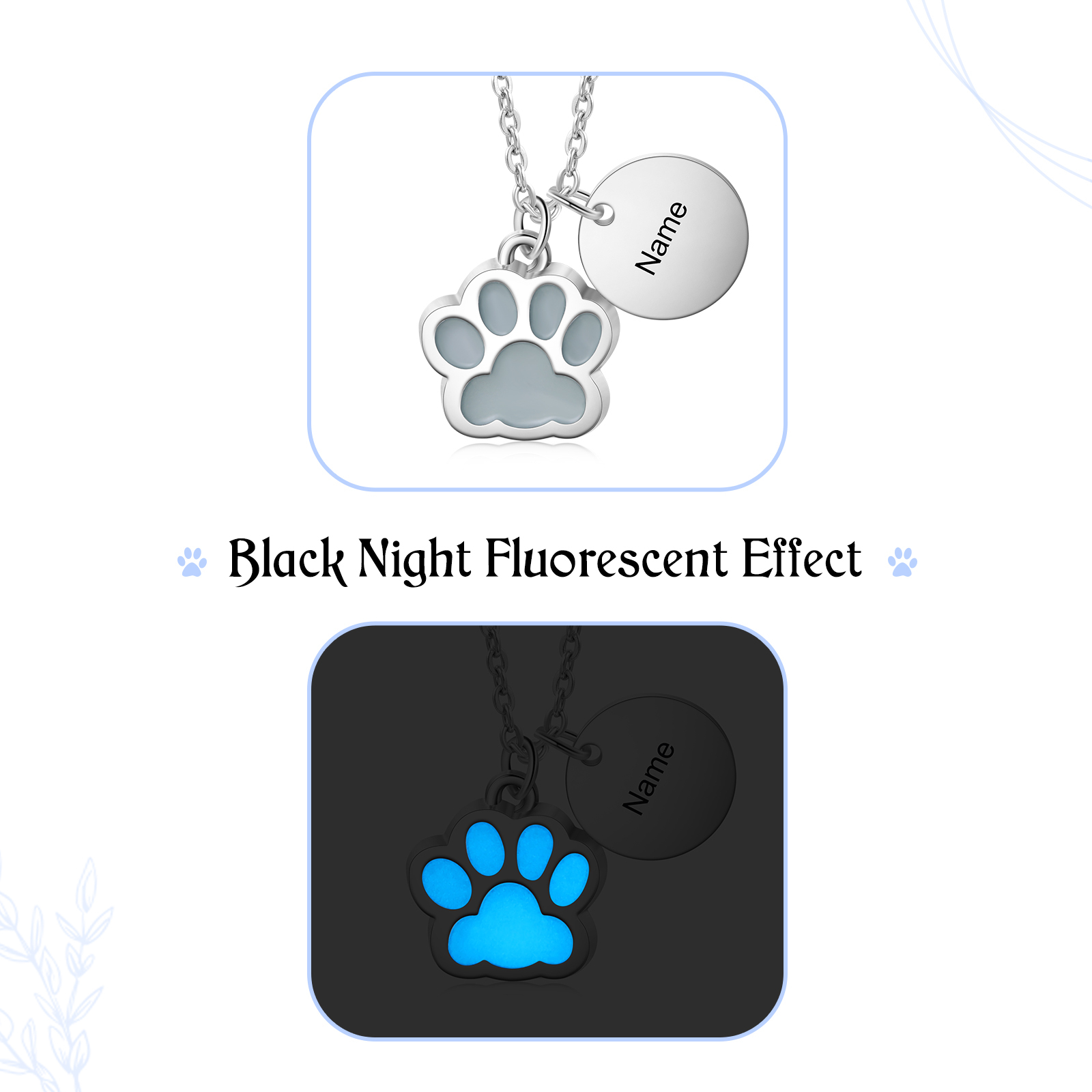 Personalised Dog Paw Pendant Necklace Customised Name Fluorescent Necklace Creative Gift for Her/Him-Jessemade AU