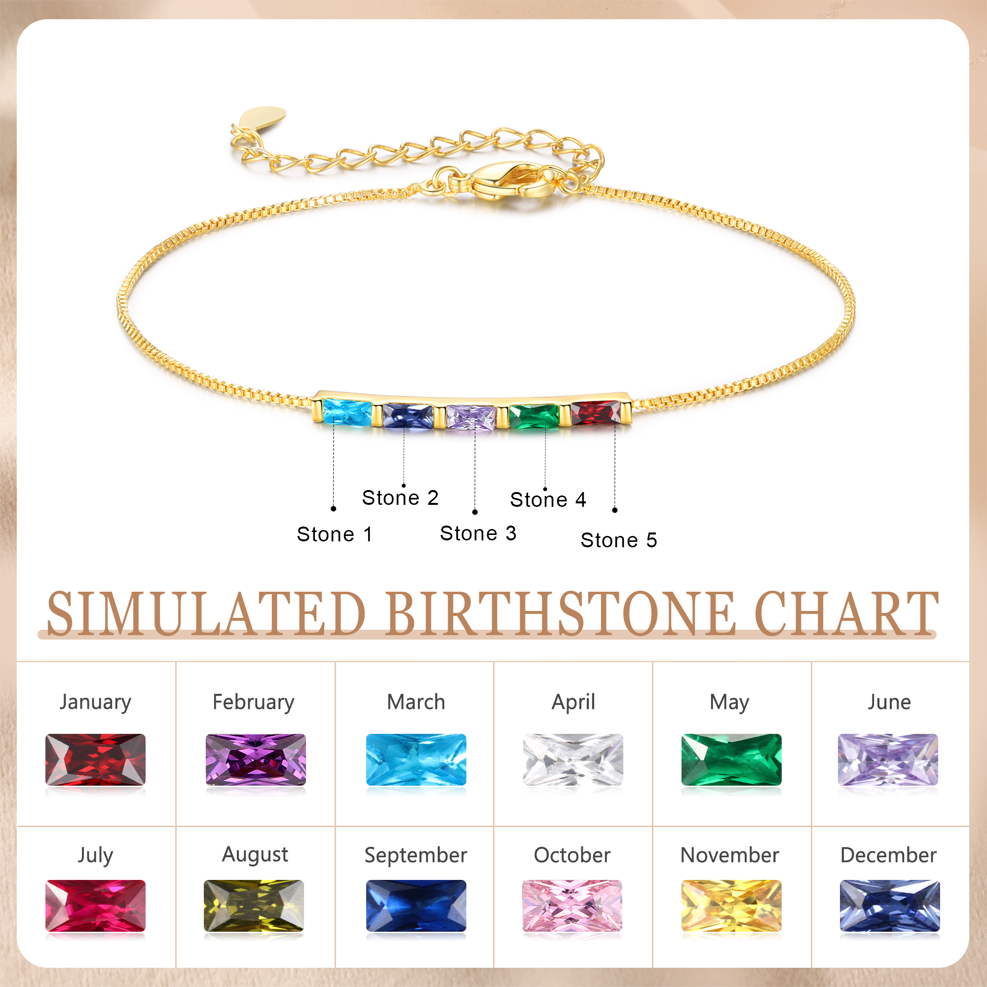 Custom 5 Birthstones Bracelet Gold Adjustable Bracelet Personalised Birthday Gift for Her-Jessemade AU