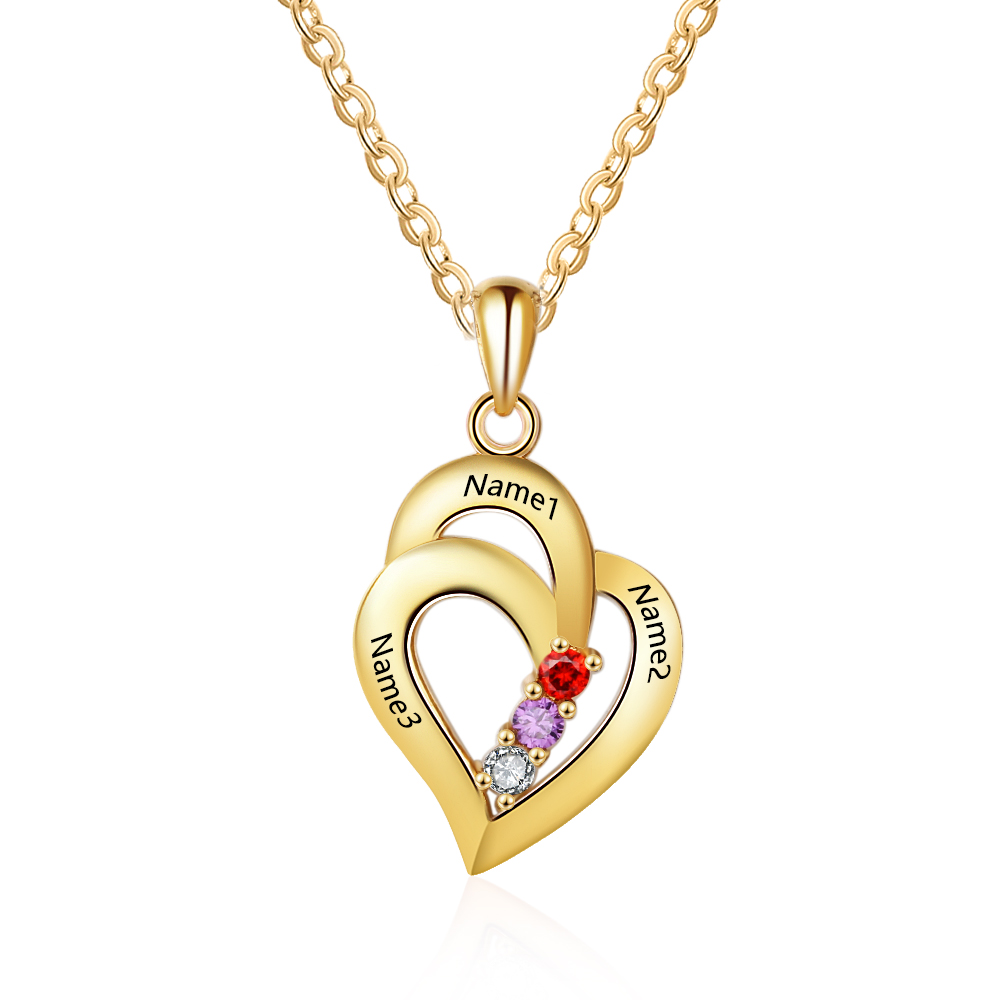 Personalised Heart Necklace With 3 Birthstones Engraved Names Gift For Her-Jessemade AU