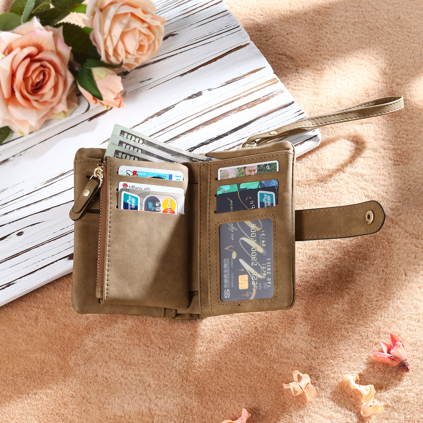 Personalised Women's Leather Wallet Custom Birthday Flower & Name & Photo Wallet Gift for Her