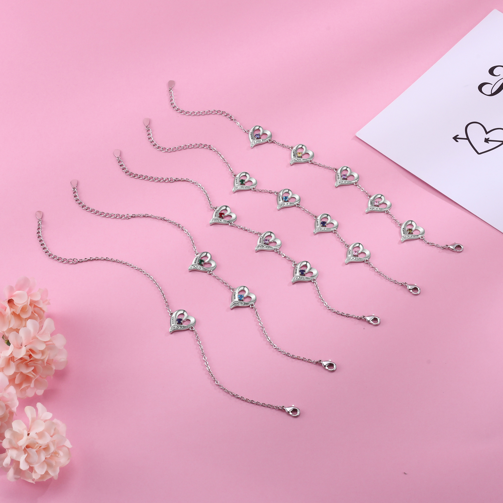 5 Names - Personalised Heart Bracelet Gift Set With Gift Box Custom Name & Birthstone Bracelet Gift For Her-Jessemade AU