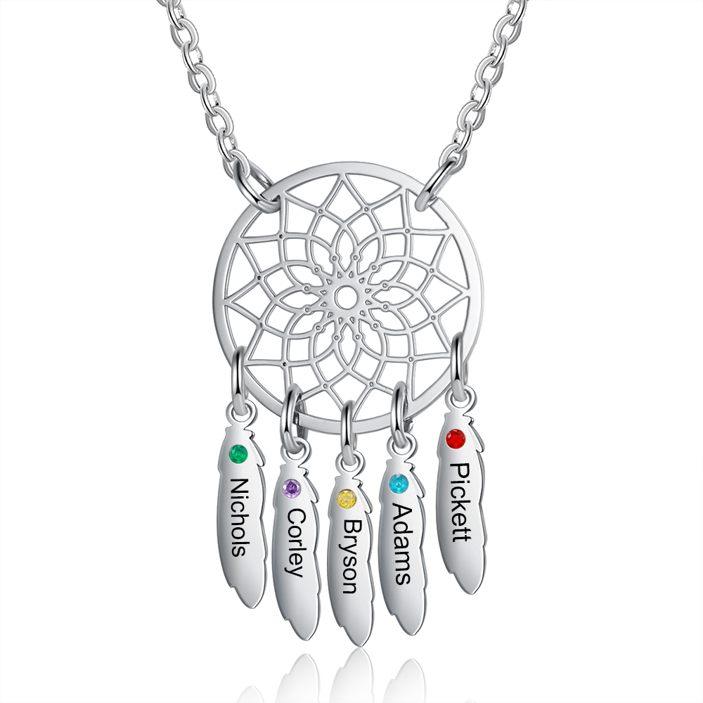 Personalised Dream Catcher Necklace With 5 Birthstones Engraved Names Gift For Women-Jessemade AU