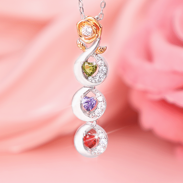 Custom Family Necklace Rose Pendant with 3 Birthstones Engraving 3 Names Gifts for Her-Jessemade AU