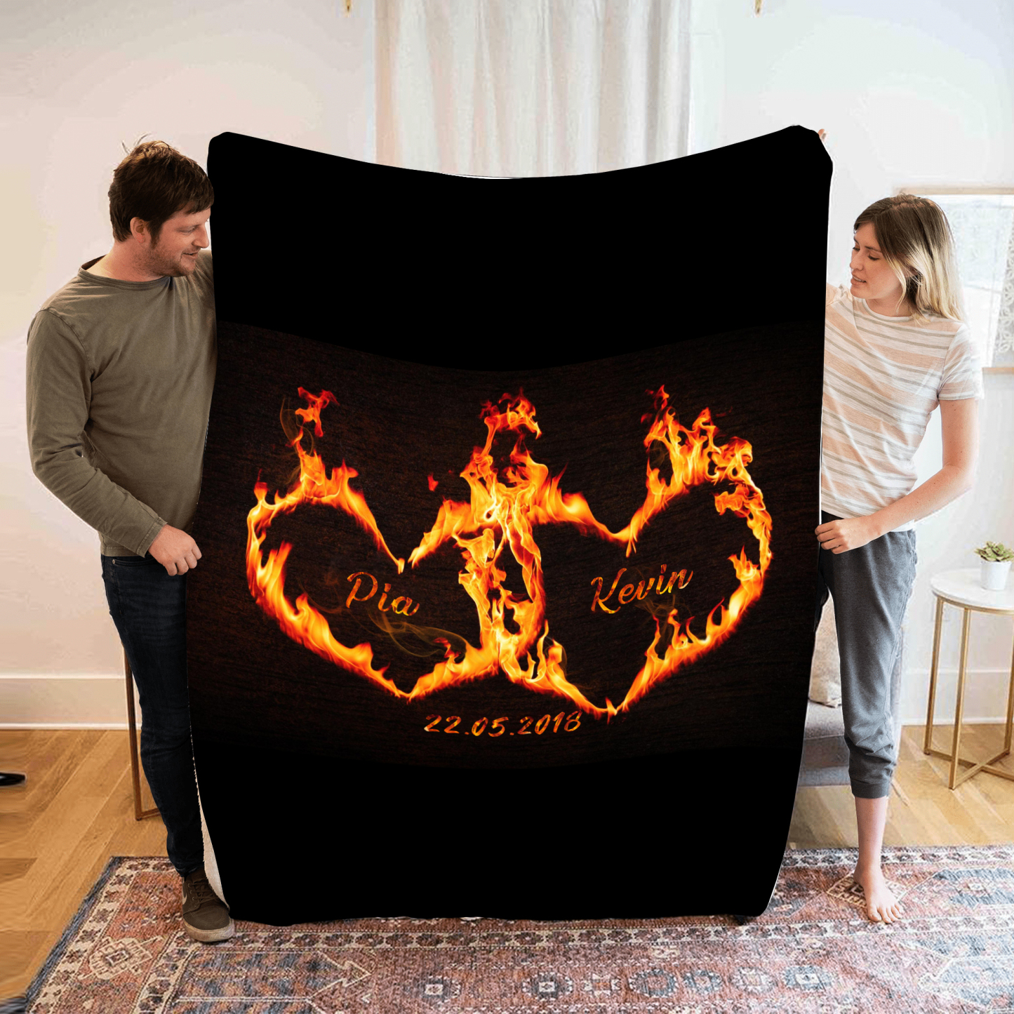 Personalised Couple Blanket Custom 2 Names & Date Blanket Burning Love Valentine's Day Anniversary Gift for Couples-Jessemade AU