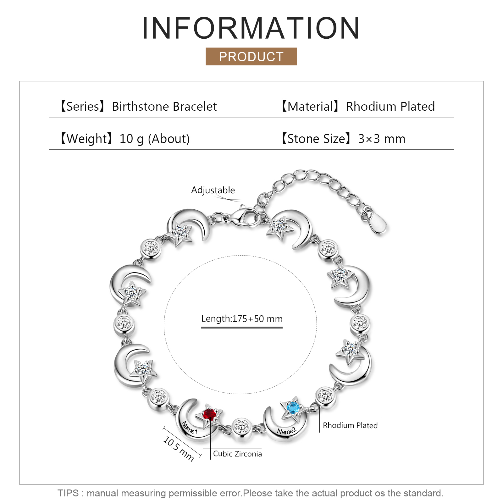 Personalised Moons And Stars Bracelet With 2 Birthstones Custom Names Bracelet Gift For Women-Jessemade AU