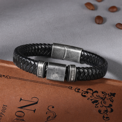2 Names - Personalised Men's Leather Braided Bracelet Custom Name & Photo Bracelet Vintage Gift for Him-Jessemade AU