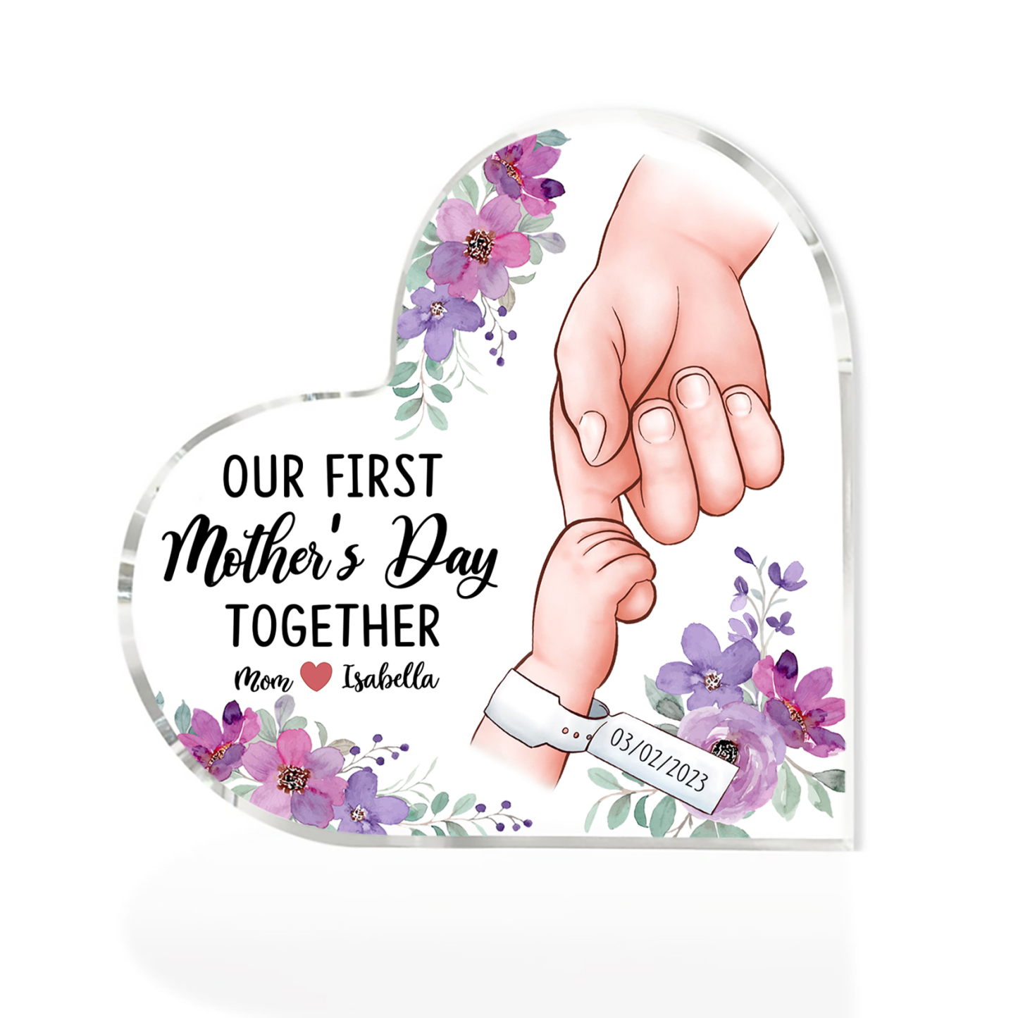 Our First Mother's Day Together - Personalised Date Acrylic Heart Keepsake Holding Hands Custom 2 Names Ornaments-Jessemade AU