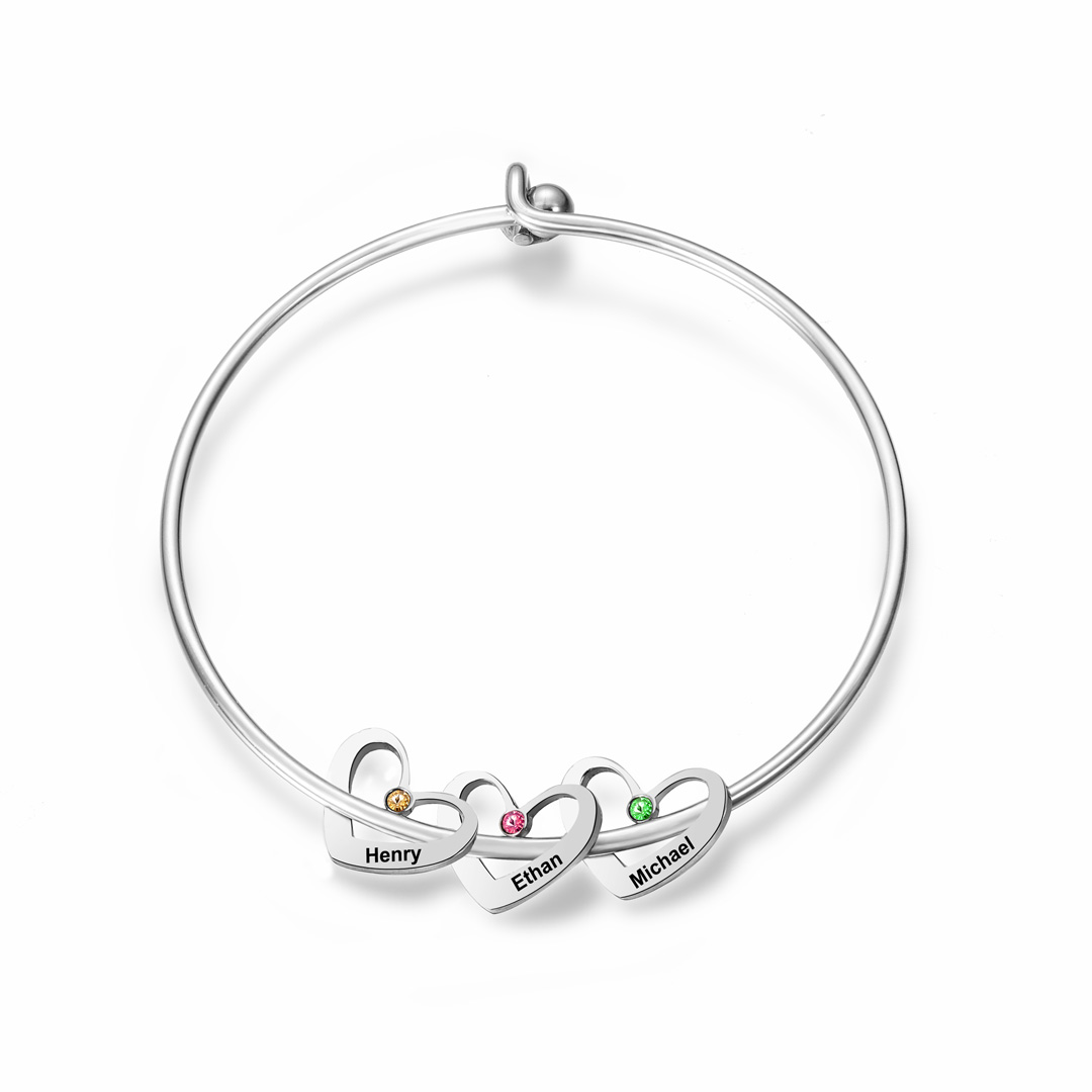 Personalised Heart Bangle With 3 Names and Birthstones Bangle Bracelet Mother's Day Gifts For women