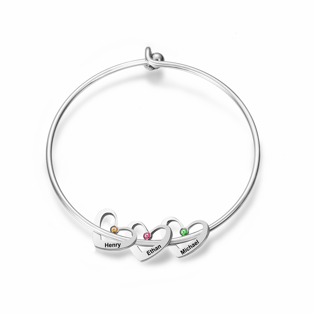 Personalised Heart Bangle With 3 Names and Birthstones Bangle Bracelet Mother's Day Gifts For women-Jessemade AU