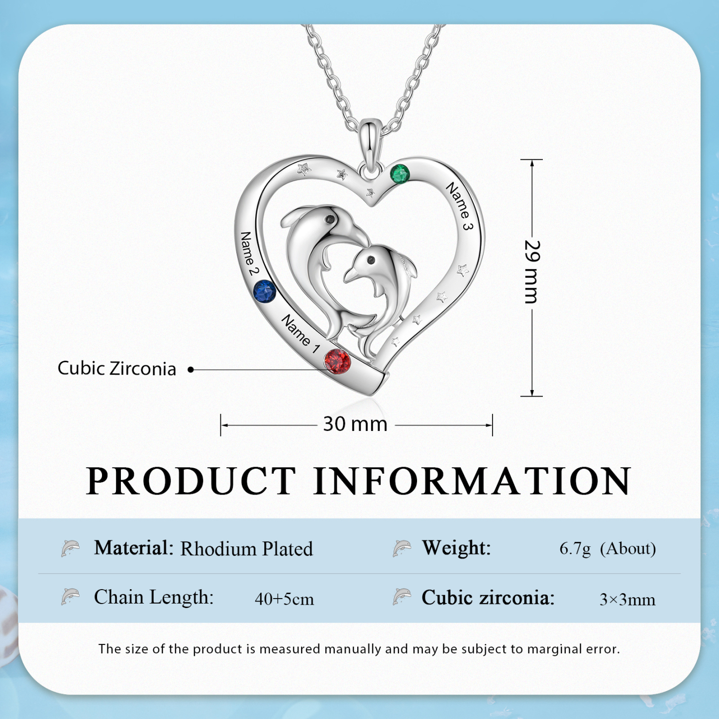 Personalised Heart Dolphin Pendant Necklace Custom 3 Birthstones Engraved 3 Names Necklace Gift for Her-Jessemade AU