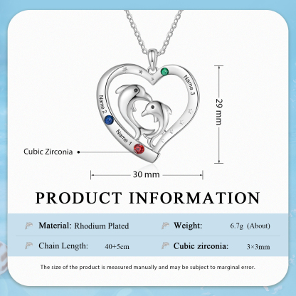 Personalised Heart Dolphin Pendant Necklace Custom 3 Birthstones Engraved 3 Names Necklace Gift for Her-Jessemade AU