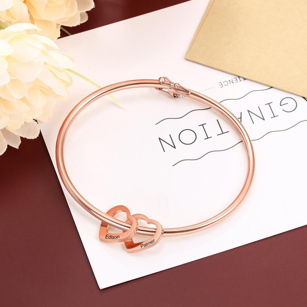Engraved Bangle Bracelet with 2 Heart Pendant Gift for Mother Love Bracelets Rose For Her -Jessemade AU