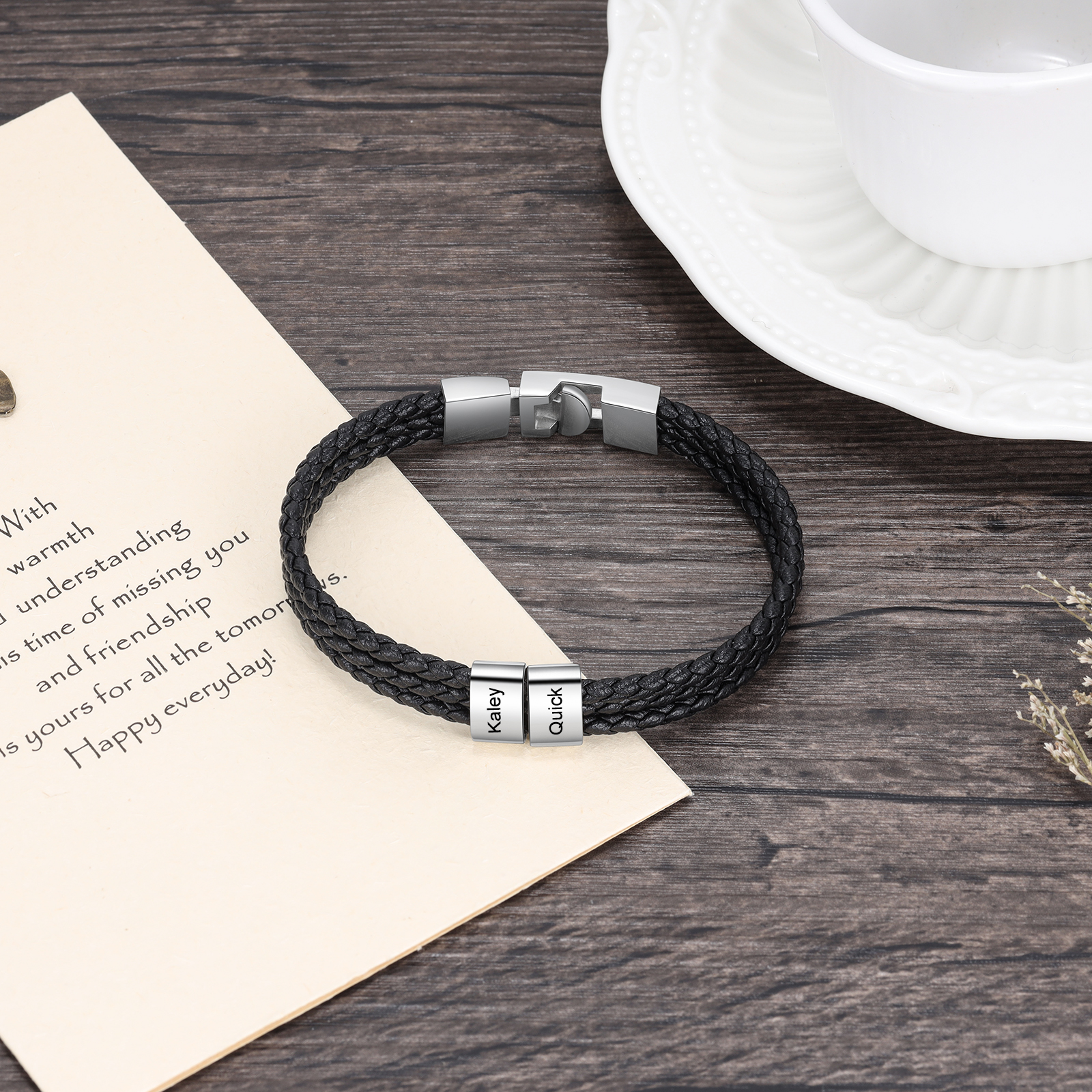 Personalised Braided Leather Bracelet Engraved 2 Names Men's Bracelet Gifts For Him-Jessemade AU