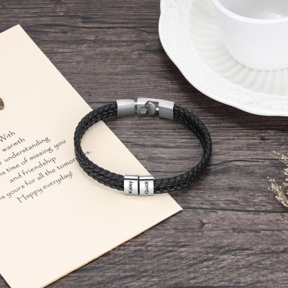 Personalised Braided Leather Bracelet Engraved 2 Names Men's Bracelet Gifts For Him-Jessemade AU