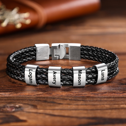 Personalised Braided Leather Bracelet Engraved 6 Names Men's Bracelet Gifts For Him-Jessemade AU