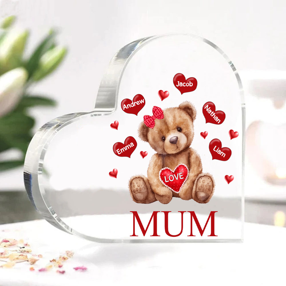 5 Names - Personalised Acrylic Heart Keepsake Custom 2 Texts Teddy Bear Ornaments Gifts for Grandma/Mother-Jessemade AU