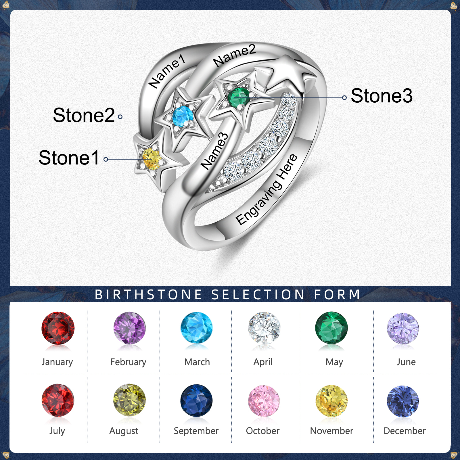 Personalised Star Ring With 3 Birthstones Engraved Names Ring Gift For Women-Jessemade AU