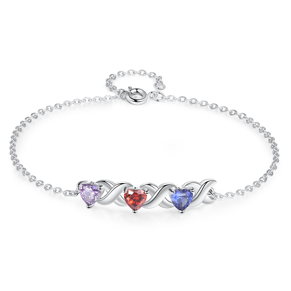 Personalised Bracelet With 3 Heart Birthstones Engraved Names Bracelet Gift For Women-Jessemade AU