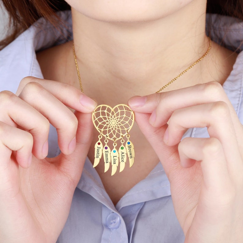 Personalised Dream Catcher Necklace With Birthstones Custom 1 Name Necklace Gifts For Her-Jessemade AU