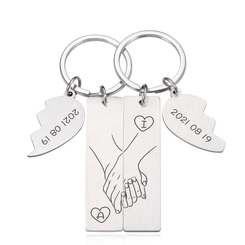 Hand in Hand Couple Keychain Set Personalised Date Initial Heart Matching Couple Gifts-Jessemade AU