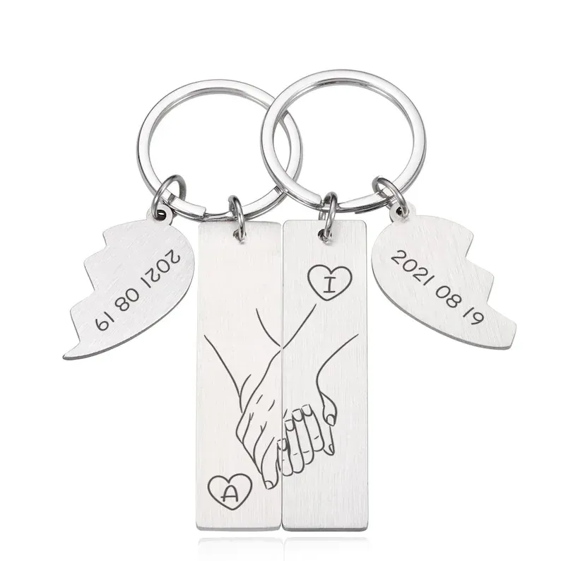 Hand in Hand Couple Keychain Set Personalised Date Initial Heart Matching Couple Gifts-Jessemade AU