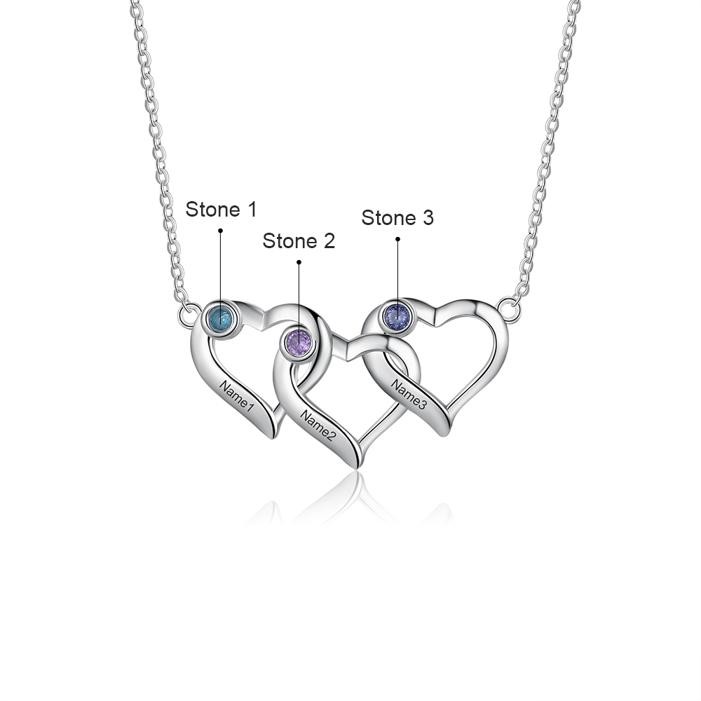 Personalised Heart Necklace With 3 Birthstones Engraved Names Gift For Her-Jessemade AU