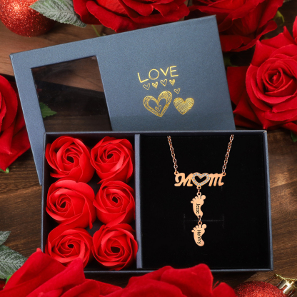 Mother Necklace with 2 Baby Feet Pendants Engraved 2 Names Mom Necklace Rose Gift Set